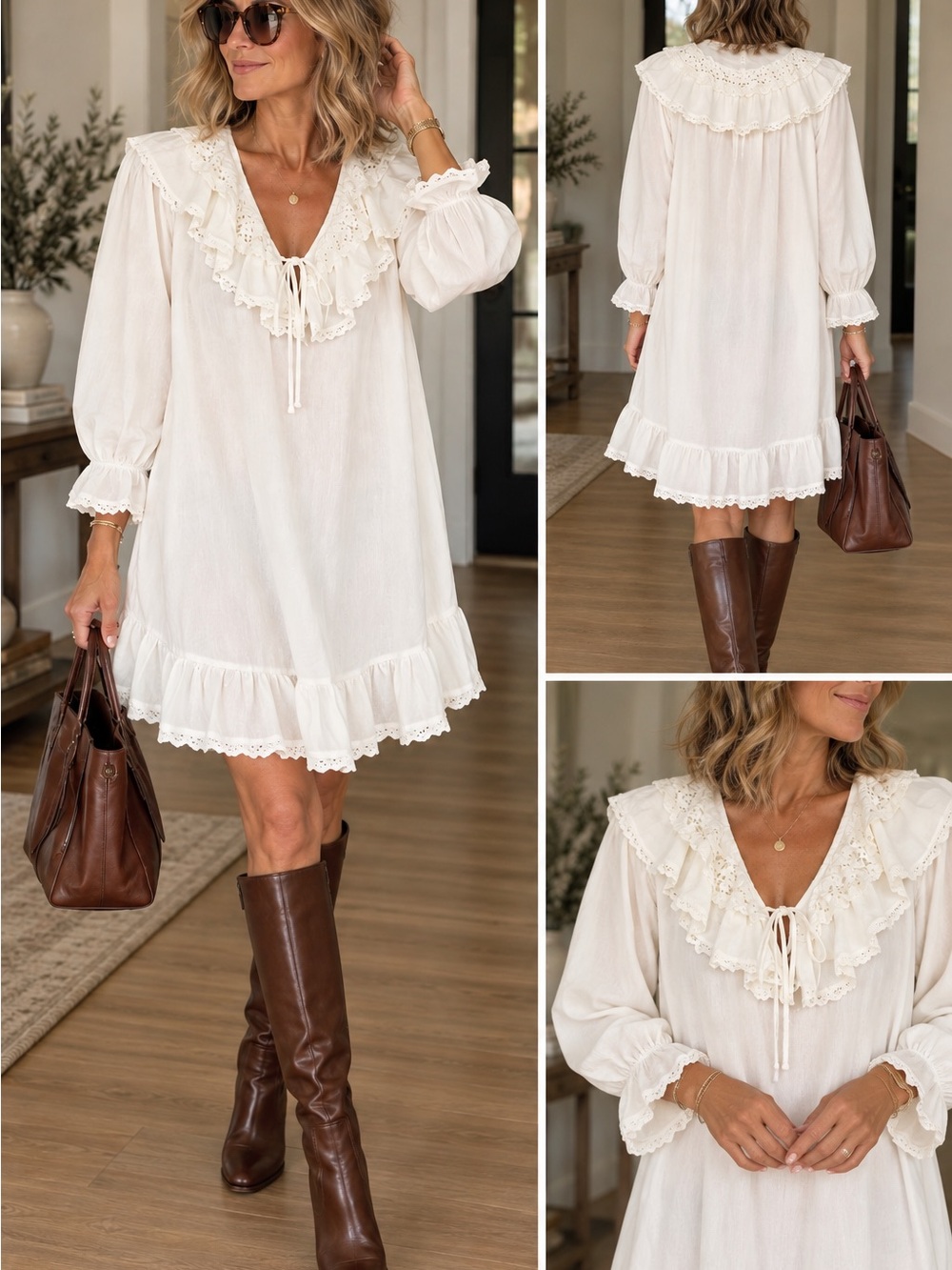 Vintage white cotton nightgown/dress L Lace Ruffle Victorian Prairie Cottagecore
